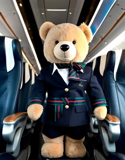 dark theme, ((full body portrait shot of a teddy bear:1)), a pretty cute plush toy wearing alitalia stewardess uniform composed of jacket, skirt, white shirt and blue silk scarf, joy emotion, (looking at viewer:1.2), (dynamic pose), posing in front of a plane, intricate detailed long, 4k, 8k, (intricate details:1.12), hdr, (intricate details, hyperdetailed:1.15), soft cinematic light, dramatic atmosphere, atmospheric perspective, (soft light, sharp), <lora:alitulti:0.8>, wool, fur, antropomorphism