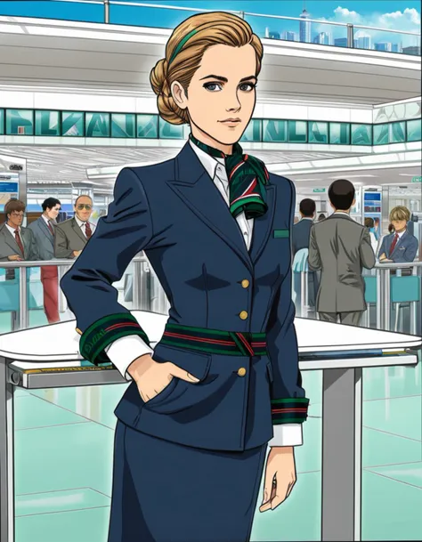 80s early 90s aesthetic anime, (upper body portrait shot of emma watson wearing  alitalia_woman_jacket, alitalia_woman_skirt, alitalia_woman_white_shirt_short_sleeves ,alitalia_blue_silk_scarf:1.2), a pretty cute woman with hair bun hairstyle,joy emotion, (looking at viewer:1.2), (office girl:1.5), (dynamic pose), posing in luxury airport, intricate detailed long, 4k, 8k, (intricate details:1.12), hdr, (intricate details, hyperdetailed:1.15), soft cinematic light, dramatic atmosphere, atmospheric perspective,moebius, highly detailed, sharp attention to detail, extremely detailed, dynamic composition, akira, ghost in the shell<lora:alitfina100Ep:1>,