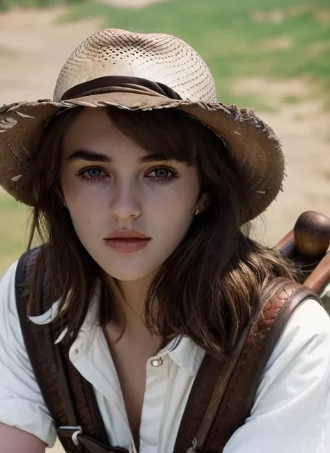 eh1, (close-up, editorial photograph of a 21 year old woman), (highly detailed face:1.4) background white wall:1.3) (wearing Archaeologist Outfit, Safari Shirt, Wide-Brim Hat, Cargo Pants, Satchel, Archaeological Tools) <lora:epiNoiseoffset_v2:1.2>, POV, by lee jeffries, nikon d850, film stock photograph ,4 kodak portra 400 ,camera f1.6 lens ,rich colors ,hyper realistic ,lifelike texture, dramatic lighting , cinestill 800, <lora:ElizabethHurley:1>
