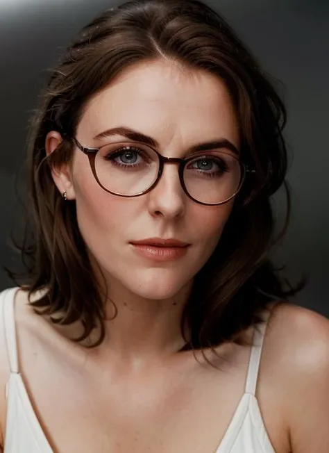 full color portrait of eh1, slick  hair, tight dress, glasses, masterpiece, best quality, sharp focus, 8k highres, ultra-detailed, rim light, (grey background:1.0), <lora:ElizabethHurley:0.9>