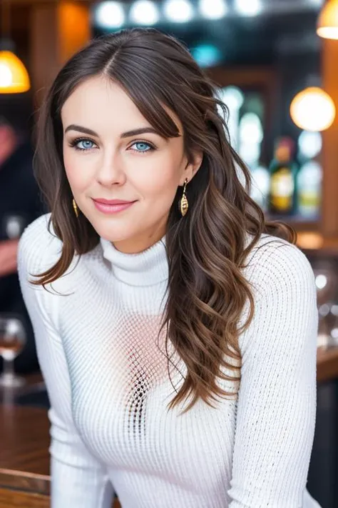 <lora:ElizabethHurley-10:0.9>, photo of a woman with (Blue Eyes) and long hair style, detailed face, detailed eyes, perfect body, Smiling, (wearing white tight long sleeve turtleneck top), at a bar, modelshoot , photorealistic, (bokeh), (best quality) , (detailed skin texture:1.1), (intricate), 8k HDR, cinematic lighting, sharp focus, (earrings), RAW, analog style, 8k, HD, DSLR, high quality, Fujifilm XT3, film grain, award winning, masterpiece