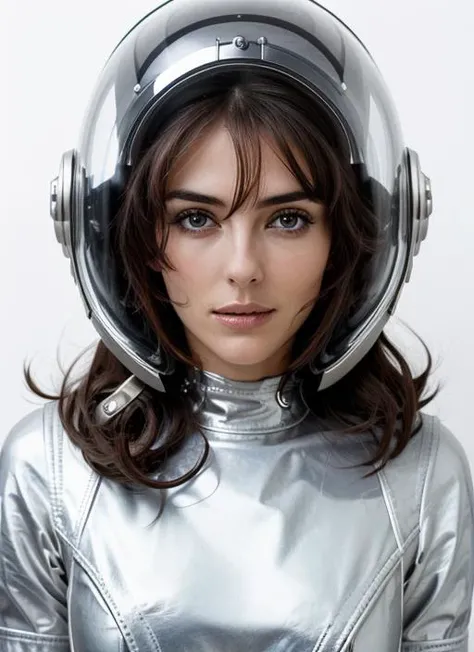 eh1  , headshot, woman, solo, woman wearing Space Age Siren: Metallic Mini Dress, Knee-High Boots, Space Helmet, Statement Accessories, Silver Makeup, full body, full body shot, white background, no background, PNG, natural lighting, no shadows, ultra detailed, hyperrealistic, 80mm, 4k, 8k, 8k realistic, sharp focus, intricate, high resolution <lora:ElizabethHurley:.85>