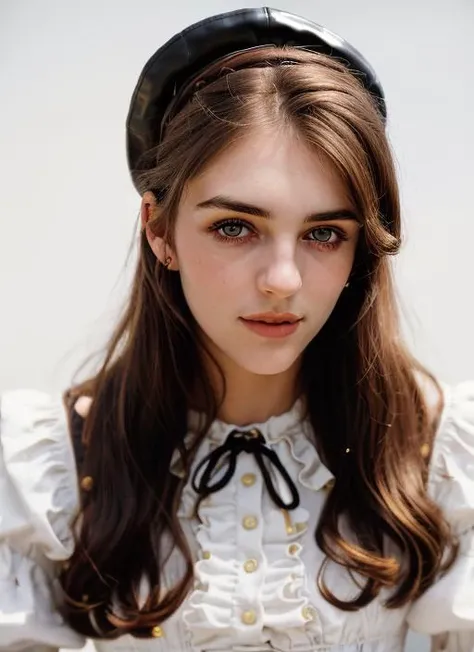 eh1, (close-up, editorial photograph of a 21 year old woman), (highly detailed face:1.4) (smile:0.7) (background white wall:1.3) (wearing Victorian-inspired Blouse with Ruffled Sleeves, High-Waisted Trousers, Lace-Up Boots, Leather Belt with Compass, Aviator Cap) <lora:epiNoiseoffset_v2:1.2>, POV, by lee jeffries, nikon d850, film stock photograph ,4 kodak portra 400 ,camera f1.6 lens ,rich colors ,hyper realistic ,lifelike texture, dramatic lighting , cinestill 800, <lora:ElizabethHurley:.86>