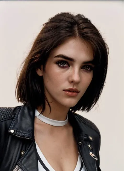 eh1,  (close-up, editorial photograph of a 21 year old woman), (highly detailed face:1.4) (smile:0.7) (background white wall:1.3) (wearing Blade Runner Replicant Hunter Attire, Leather Jacket, Graphic T-Shirt, Fitted Jeans, Combat Boots) <lora:epiNoiseoffset_v2:1.2>, POV, by lee jeffries, nikon d850, film stock photograph ,4 kodak portra 400 ,camera f1.6 lens ,rich colors ,hyper realistic ,lifelike texture, dramatic lighting , cinestill 800,  <lora:ElizabethHurley:1>