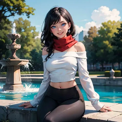masterpiece, best quality, cowboy shot, facing viewer, 1girl, medium breasts, black hair, medium length hair, fit and petite body, white sweater, downblouse, off shoulder, red scarf, black yoga pants, sitting by the fountain,
leaning toward viewer, <lora:BreastsApartV1:0.75>, BreastsApart, looking at viewer, crystal blue eyes, smile, :D,