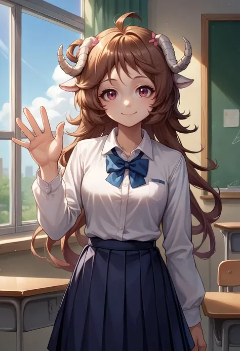 score_9, score_8_up, source_anime, 1girl, solo, Eyjafjalla, curled horns, ahoge, classroom, window, school uniform, dress shirt, pleated skirt, waving at viewer, smile, <lora:ChamPonyXLEyjafjalla:1>