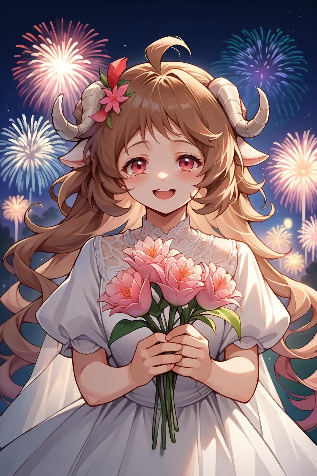 source_anime, score_9, score_8_up, score_9, 1girl, solo, <lora:ChamPonyXLEyjafjalla:1> Eyjafjalla, curled horns, ahoge, white dress, wedding dress, holding flowers, fireworks, happy, tears of joy