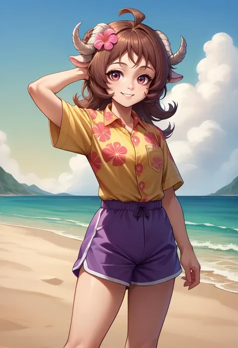 score_9, score_8_up, source_anime, 1girl, solo, Eyjafjalla, curled horns, ahoge, hawaiian shirt, dress shirt, multicolored shirt, purple shorts, dolphin shorts, smile, outdoors, beach, <lora:ChamPonyXLEyjafjalla:1>