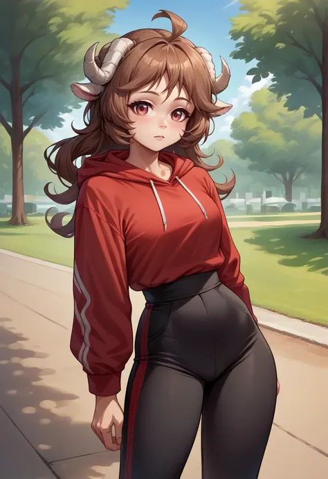 score_9, score_8_up, source_anime, 1girl, solo, Eyjafjalla, curled horns, ahoge, outdoors, park, red hoodie, high-waist pants, yoga pants, black pants, light blush, <lora:ChamPonyXLEyjafjalla:1>