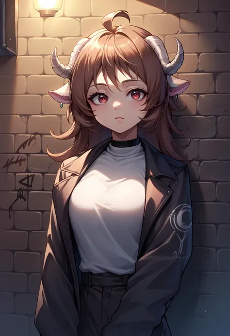 score_9, score_8_up, source_anime, 1girl, solo, Eyjafjalla, curled horns, ahoge, earrings, sharp eyes, choker, neon shirt, open jacket, turtleneck sweater, night, against wall, brick wall, graffiti, dim lighting, alley, looking at viewer, <lora:ChamPonyXLEyjafjalla:1>