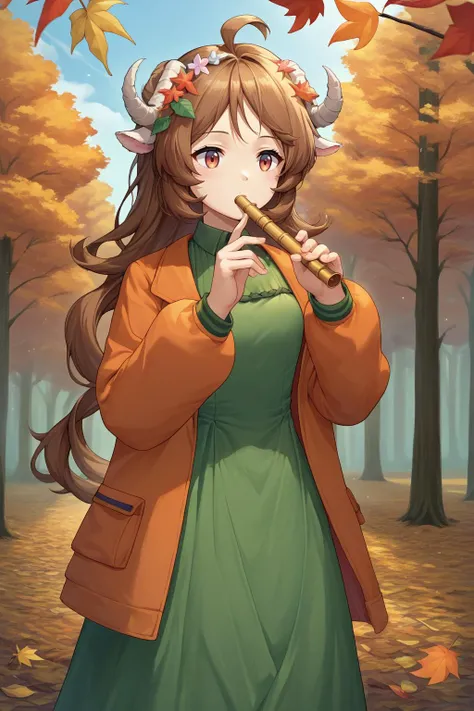 source_anime, score_9, score_8_up, score_9, 1girl, solo, <lora:ChamPonyXLEyjafjalla:1> EyjafjallaBase, curled horns, ahoge, forest, playing flute, flute, leaf dress, flower wreath, autumn, orange jacket, green dress