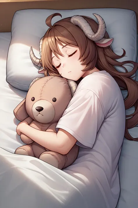 source_anime, score_9, score_8_up, score_9, 1girl, solo, <lora:ChamPonyXLEyjafjalla:1> EyjafjallaBase, curled horns, ahoge, bed, pillow, white t-shirt, oversized t-shirt, giant t-shirt, sleeping, plush toy, hugging toy