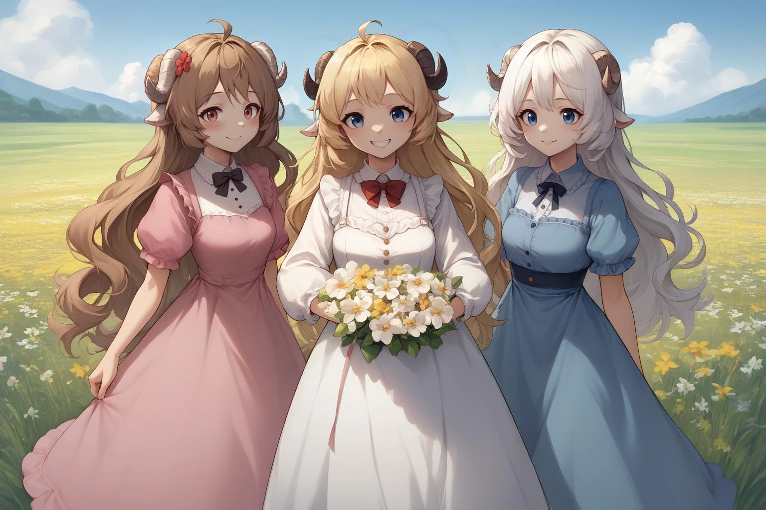 score_9, score_8_up, source_anime, 3girls, hugging, brown hair, blonde hair, white hair, dress, frills, bowtie, flowers, outdoors, field, happy
BREAK score_9, score_8_up, <lora:ChamPonyXLEyjafjalla:1> Eyjafjalla, curled horns, ahoge, pink dress, purple bowtie, smile, heavy blush, shy, purple sash
BREAK score_9, score_8_up, <lora:CHAR-TsunomakiWatamePonyXL:1> TsunomakiWatame, horns, long hair, ahoge, dress, wide smile,
BREAK score_9, score_8_up, white hair, messy hair, blue dress, sheep horns, blue eyes, long hair, white necktie
