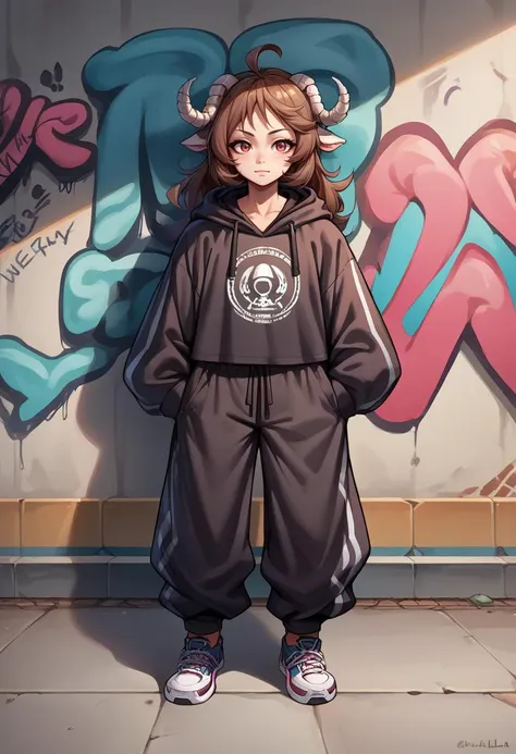 score_9, score_8_up, source_anime, 1girl, solo, Eyjafjalla, curled horns, ahoge, urban and street style, graffiti-inspired colors, cool and edgy attire, baggy pants, oversized hoodie, stylish sneakers, fashionable accessories, hip hop jewelry, confident expression, graffiti walls, energetic and vibrant atmosphere, <lora:ChamPonyXLEyjafjalla:1>