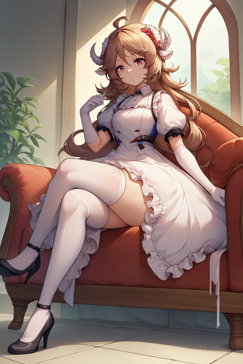 source_anime, score_9, score_8_up, score_9, 1girl, solo, <lora:ChamPonyXLEyjafjalla:1> EyjafjallaBase, curled horns, ahoge, short sleeves, puffy sleeves, long gloves, high-heels, white thigh-highs, sitting, white dress, crossed legs