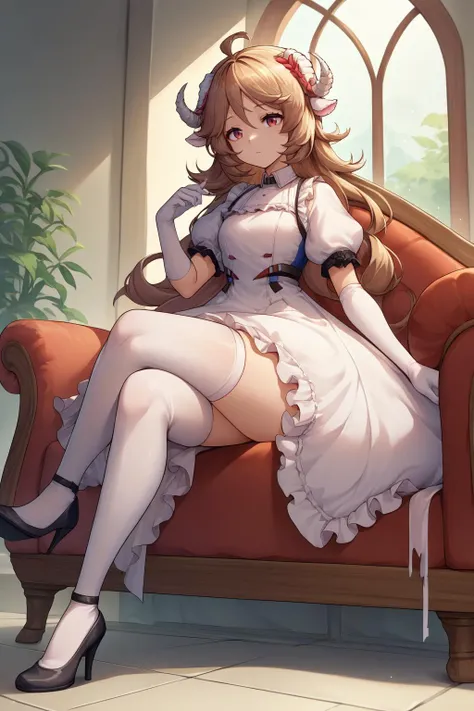 source_anime, score_9, score_8_up, score_9, 1girl, solo, <lora:ChamPonyXLEyjafjalla:1> EyjafjallaBase, curled horns, ahoge, short sleeves, puffy sleeves, long gloves, high-heels, white thigh-highs, sitting, white dress, crossed legs