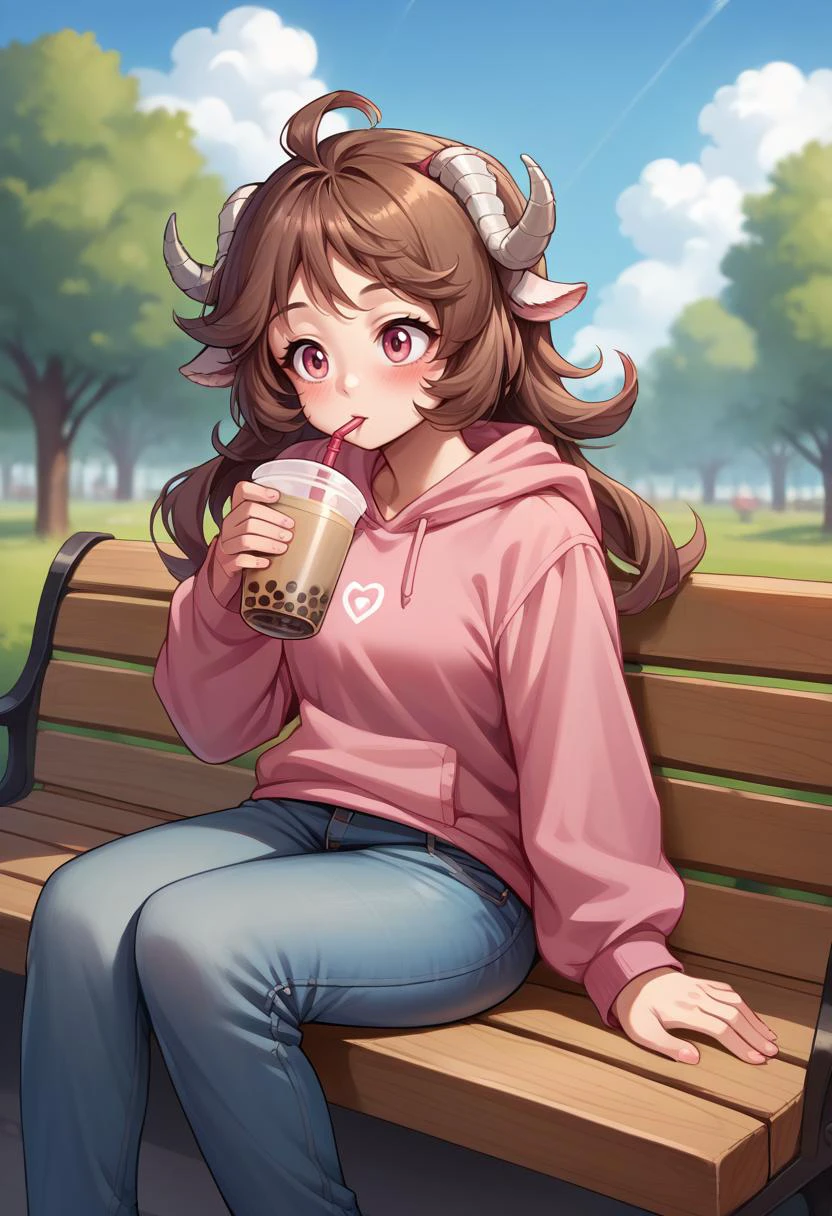 score_9, score_8_up, source_anime, 1girl, solo, Eyjafjalla, curled horns, ahoge, outdoors, sitting, on bench, drinking, sipping, straw, bubble tea, pink hoodie, jeans, happy, ear blush, <lora:ChamPonyXLEyjafjalla:1>
