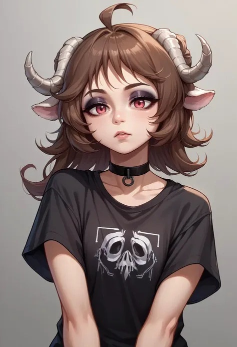 score_9, score_8_up, source_anime, 1girl, solo, Eyjafjalla, curled horns, ahoge, black shirt, t-shirt, black choker, goth, eyeliner, eyeshadow, <lora:ChamPonyXLEyjafjalla:1>