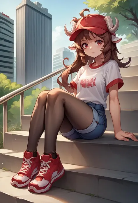 score_9, score_8_up, source_anime, 1girl, solo, Eyjafjalla, curled horns, ahoge, baseball cap, t-shirt, denim shorts, pantyhose under shorts, red sneakers, sitting, stairs, outdoors, city, <lora:ChamPonyXLEyjafjalla:1>