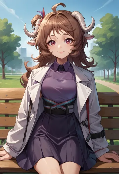 score_9, score_8_up, source_anime, 1girl, solo, EyjafjallaMedic, curled horns, ahoge, white coat, purple shirt, black skirt, black skirt, outdoors, on bench, smile, <lora:ChamPonyXLEyjafjalla:1>