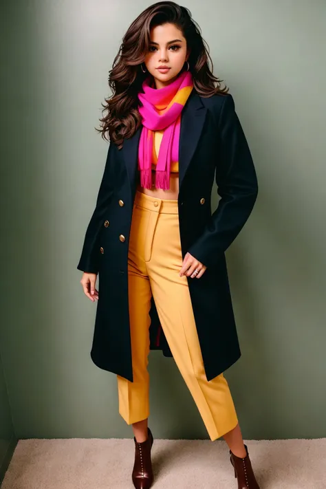 analog style, modelshoot style, portrait of dld_selgomez dress suit with scarf, bold, bright colours,<lora:epiNoiseoffset_v2Pynoise:1.0>