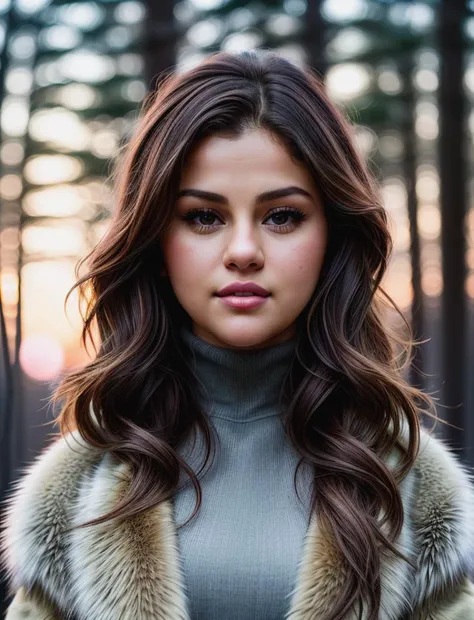 beautiful woman (dld_selgomez:.99), beautiful hair, winter forest, elegant, snowing, natural skin texture, (fashionable fur coat), (turtleneck), sunset, cute smile, (Looking back over shoulder), 24mm, 4k textures, soft cinematic light, adobe lightroom, photolab, hdr, intricate, elegant, highly detailed, sharp focus, ((((cinematic look)))), soothing tones, insane details, intricate details, hyperdetailed, low contrast, soft cinematic light, exposure blend, hdr, faded<lora:more_details:.6> <lora:wowifierV3:.6>