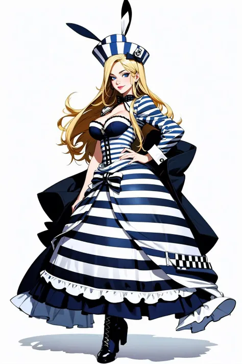 ((Masterpiece, best quality)),edgQuality,smirk,smug,bimbo glossy,
edgHJ, 1girl, solo, long hair, blue eyes, blonde hair, simple background, hat, black and white striped outfit dress, full body, boots, striped, lips, dixie cup hat ,wearing edgHJ
<lora:edgHornyJail2:0.8>