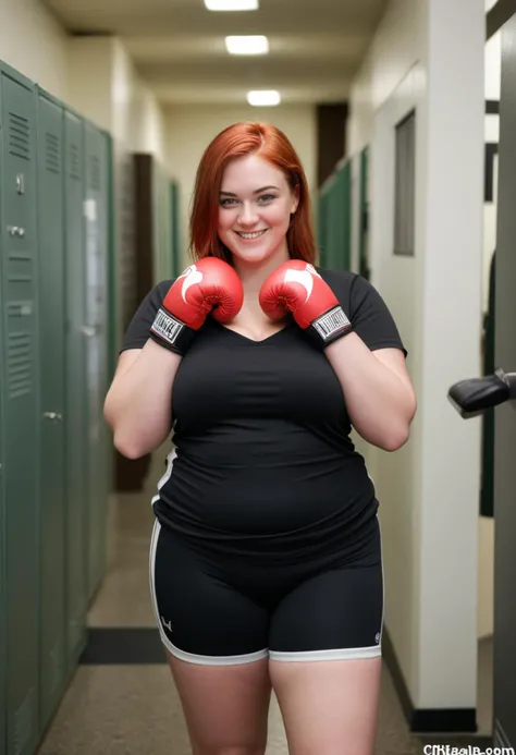 (medium full shot) of (chiseled boxer) young woman, american, fair skin, mint green eyes, full-figured build, medium red straight down hair, wearing black t-shirt, compression shorts, athletic sneakers, boxing gloves, carrying a towel around neck, set in __cf-boxer/location/locker-room__, lot of people, woman smiling, ,Masterpiece,best quality, photo, realistic, very aesthetic, detailed face,