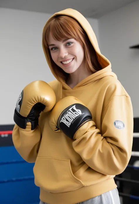 (medium full shot) of (chiseled boxer) young woman, canadian, light skin, light green eyes, lithe build, medium ginger side-swept bangs hair, wearing gold hoodie, athletic shorts, low-top trainers, boxing gloves, mouthguard, set in __cf-boxer/location/training-facility__, woman smiling, ,Masterpiece,best quality, photo, realistic, very aesthetic, detailed face,
