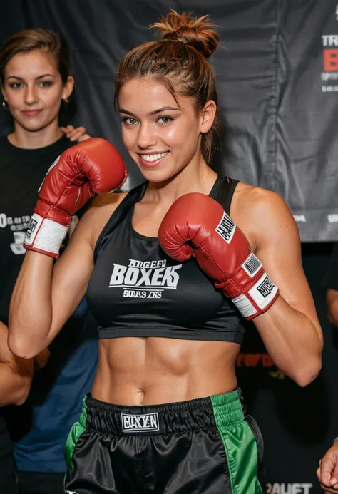 (medium full shot) of (rugged boxer) young woman, spanish, tan skin, green eyes, Average build, medium red low bun hair, wearing sleeveless black shirt, training pants, high-top trainers, boxing gloves, mouthguard, set in a weigh-in event, with a stage setup, digital displays, sponsor logos, and an audience eagerly watching the boxersâ measurements , woman smiling, ,Masterpiece,best quality, photo, realistic, very aesthetic, detailed face,