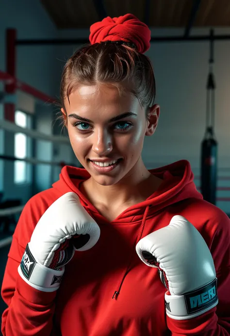 photo of (athletic boxer) young woman, italian, tan skin, turquoise eyes, voluptuous build, short red low bun hair, wearing red hoodie, training pants, athletic sneakers, hand wraps, mouthguard, set in __cf-boxer/location/training-facility__, woman smiling, ,volumetric lighting, Masterpiece,best quality, photo, realistic, very aesthetic, detailed face,