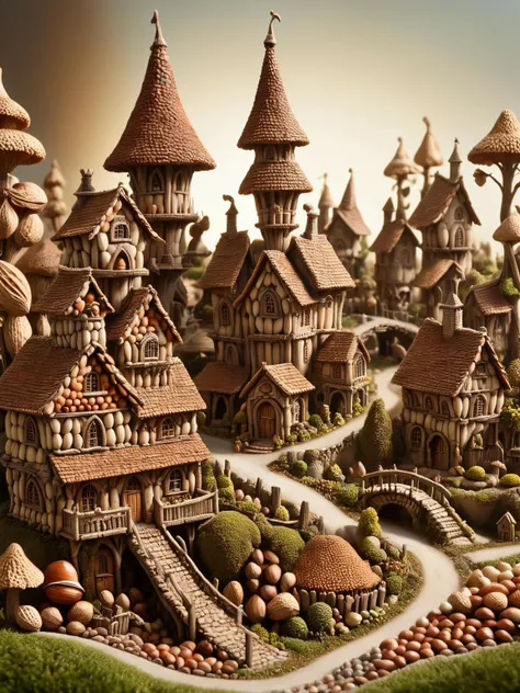 A whimsical miniature ais-nutz fairy village, with shops, an inn, a church, houses, bridges, and gardens all intricately detailed covered in ais-nutz, smoke from chimneys, ethereal light, magical, sunny day, atmospheric, dynamic, cinematic, masterpiece, intricate, hdr.  <lora:ais-nutz:1>