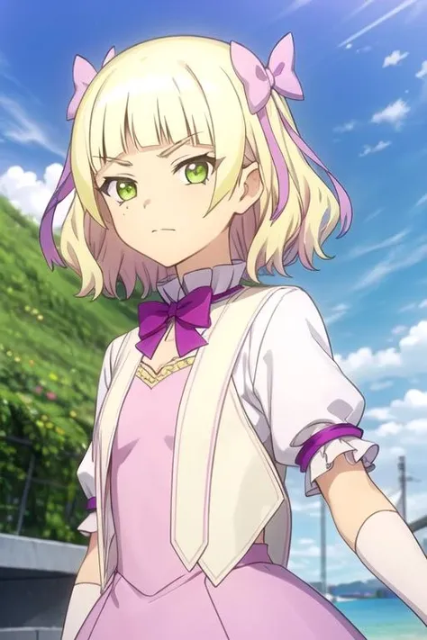 (((pixel-perfect, detail-perfect))), solo, 1girl, <lora:kyouko-jahychan-01:0.8>, kyouko_mahoushoujo, pink dress, puffy sleeves, elbow gloves, hair bow, looking at viewer, closed mouth