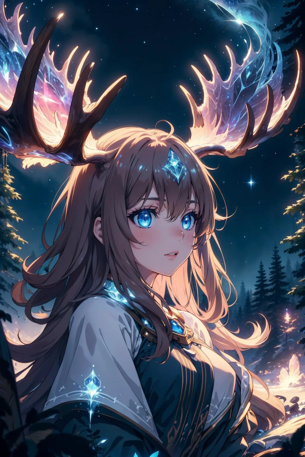 masterpiece, best quality, <lora:mythicalmoose-concept-richy-v1:1> mythicalmoose, blue eyes, nebula, aurora, night sky, alpine forest