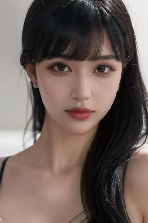 Best quality, masterpiece, ultra high res, (photorealistic:1.4),1girl, solo, jewelry, black hair, earrings, looking at viewer, black eyes, portrait, makeup, lips, realistic, long hair, <lora:ssgui:0.7>