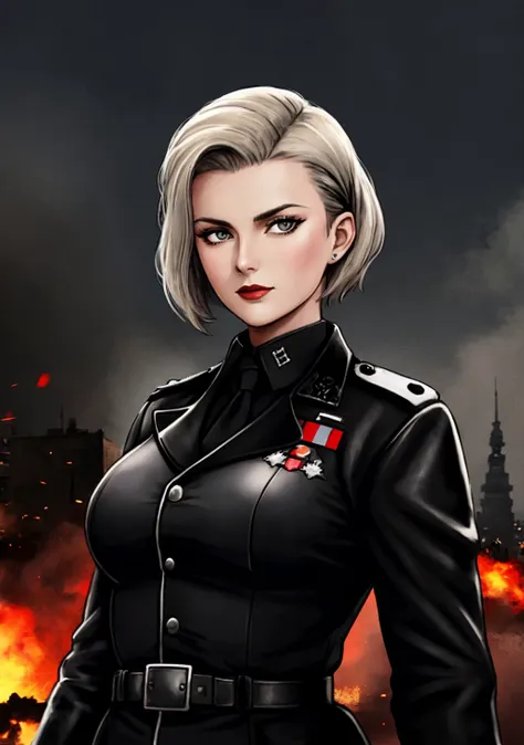 Deutsche Kriegsmarine woman officer,30 yo,World War II,(Black form:1.4),German cross,short haircut,leather coat,Hurry look,Gothic style,Color photo,Complex background burning city,