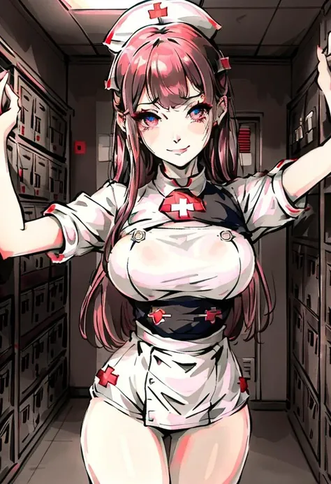 girl,highres,very clear,(nurse:1.4),nurse outfit,white outfit,realistic face,perfect eyes,perfect face,clothes pull,arms behind back,breasts out,assisted exposure,locker room,visible nipple,ember colored hair,mad facial expression,evil grin,wide grin,goth make up,moody atmosphere,dangerous atmosphere,<lora:shuimobysimV3:0.7>,