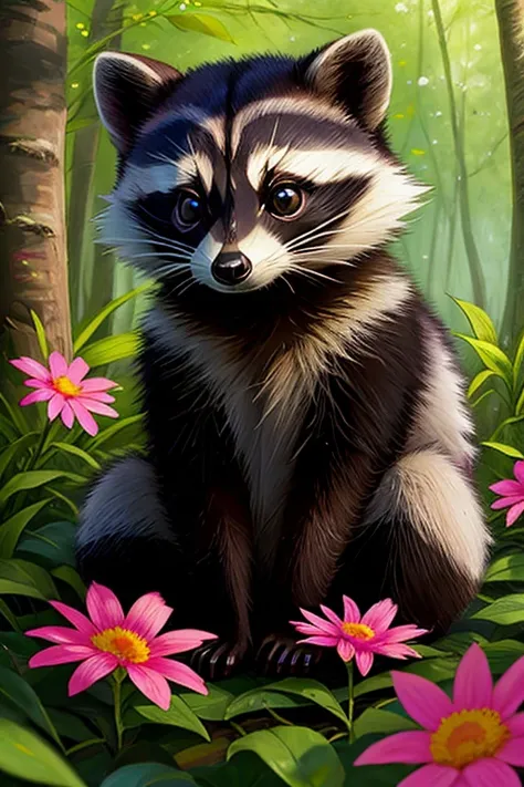 epic realistic photography, a drawing of a (Raccoon) surrounded by beautiful flowers and trees in a forest clearing