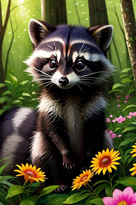 epic realistic photography, a drawing of a (Raccoon) surrounded by beautiful flowers and trees in a forest clearing
