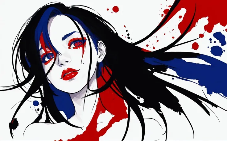 black, red and blue colors, ink portrait of a naked lady,
