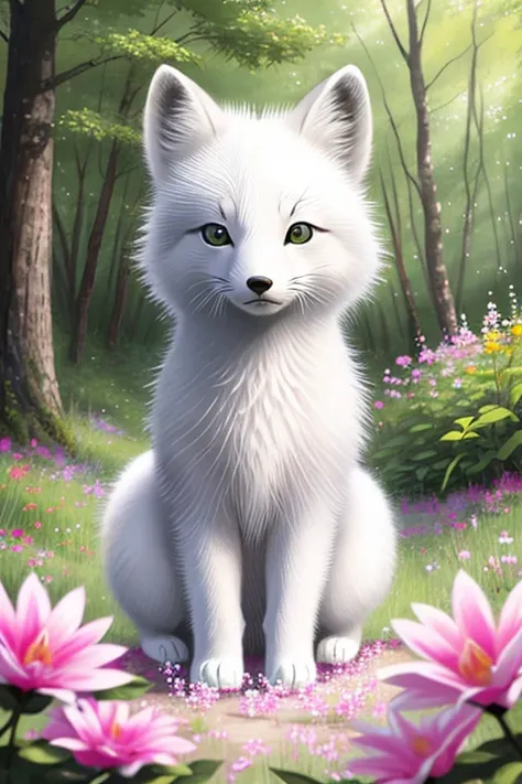 epic realistic photography, a drawing of a cute (little baby:1.2) (arctic fox) surrounded by beautiful flowers and trees in a forest clearing