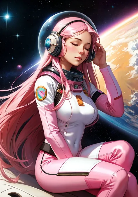 masterpiece, digital art, woman, closed eyes, (pink long hair:1.2), astronaut, sitting on a cloud, deep space, vibrant, by greg rutkowski, by artgerm