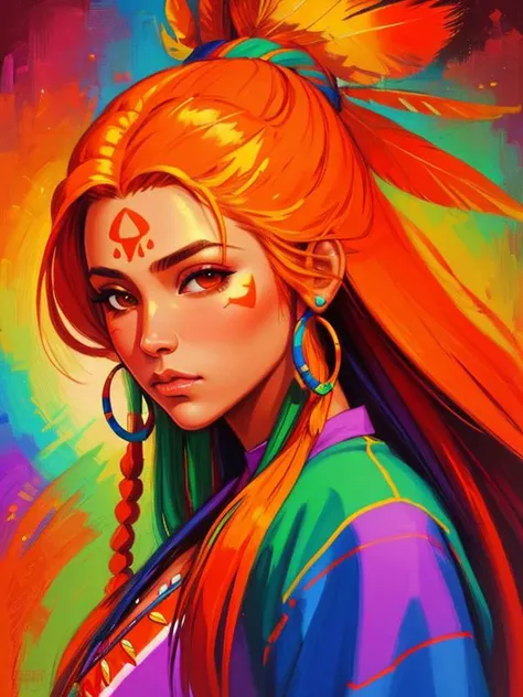a painting of a extremely psychedelic portrait of a north american indian in her hair,drawn in the style of artgerm,front page of art station,video game characters designs,vibrantly colored,skin,orange flowing hair,header,