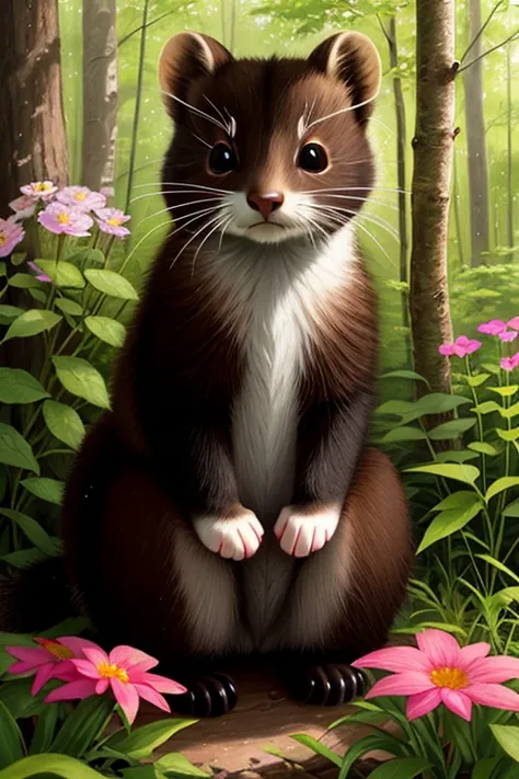 epic realistic photography, a drawing of a cute little baby (Marten) surrounded by beautiful flowers and trees in a forest clearing