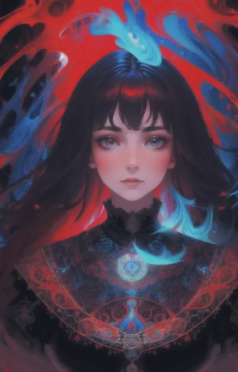 black,red and blue colors,portait,girl,closeup,collar,sfw,fine art,8k,best quality,masterpiece,volumetric lighting,focus,paint,illustration,glow,impossible figures,paradoxical art,paradox,abstract fantasy castle,Beautiful Psychedelic Trippy White Intricate Detailed Elaborate,