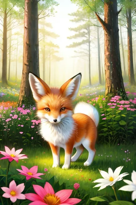epic realistic photography, a drawing of a cute (fox) surrounded by beautiful flowers and trees in a forest clearing