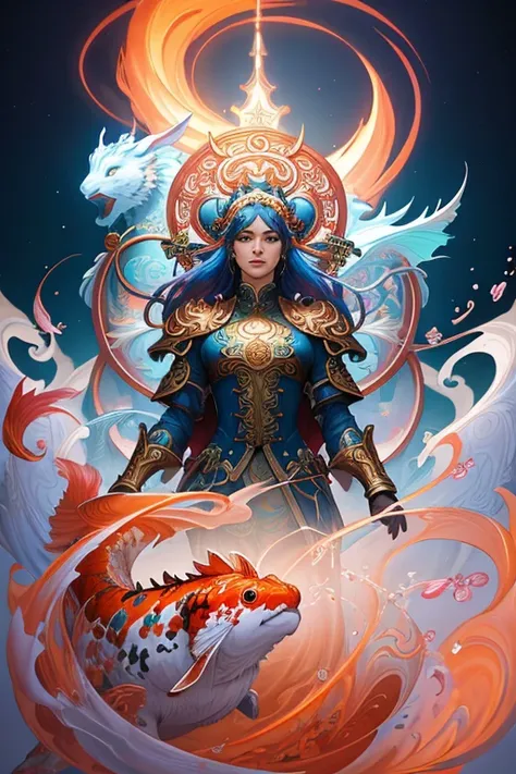 subsurface scattering, white, koi, rabbit deity with dragon armor, art nouveau swirls, vibrant colors, octane render, by jesper ejsing, james jean, justin gerard, tomasz alen kopera, cgsociety and fenghua zhong, highly detailed, rim light, art, cinematic lighting, very coherent, hyper realism, high detail, 8 k