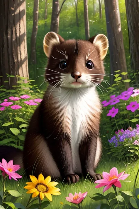 epic realistic photography, a drawing of a cute little baby (Marten) surrounded by beautiful flowers and trees in a forest clearing