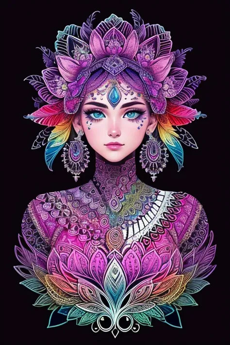top quality,best quality,art,simple graphics,beautiful and aesthetic,girl,extremely detailed,fractal art,colorful,flowers,highest detailed,zentangle,dynamic pose,abstract dark background,shiny skin,many colors,earrings,feathers,