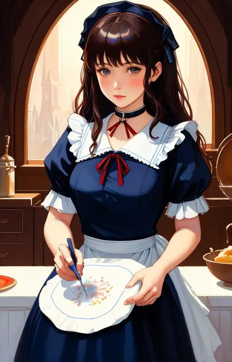 black, red and blue colors,(watercolor:0.5),portait,girl,closeup,(by Jessie Willcox Smith:0.5),(french maid) working in the kitchen,collar,sfw,fine art,8k,best quality,masterpiece,volumetric lighting,focus,colorful,paint,illustration,glow,impossible figures,paradoxical art,paradox,impossible geometry,hypercube,abstract fantasy castle,Beautiful Psychedelic Trippy White Intricate Detailed Elaborate,